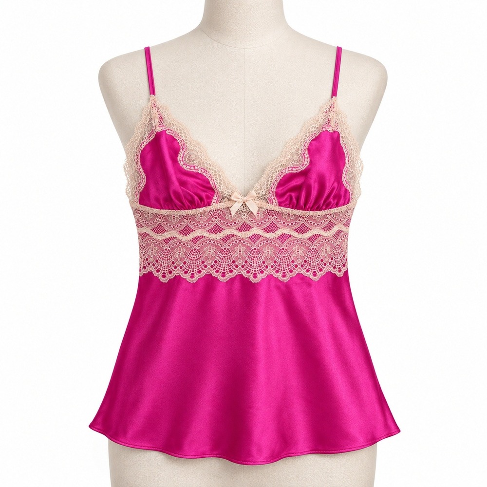 Victorias Secret M Babydoll Camisole Pink Lace Trim Satin Bow Y2K Coquette Silky